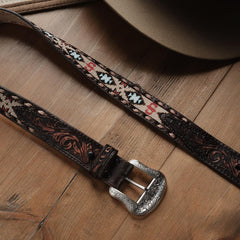 Men Belts | Stetson Embroidered Tooled Tab Belt Vintage Brown