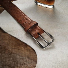 Men Belts | Stetson Ostrich Western Tab Belt - 1 1/4" Width Antique Cognac