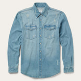 Men Modern Cut | Stetson Distressed Denim Western Shirt Blue