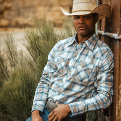 Men Modern Cut | Stetson Sand Plaid Dobby Western Shirt Brown
