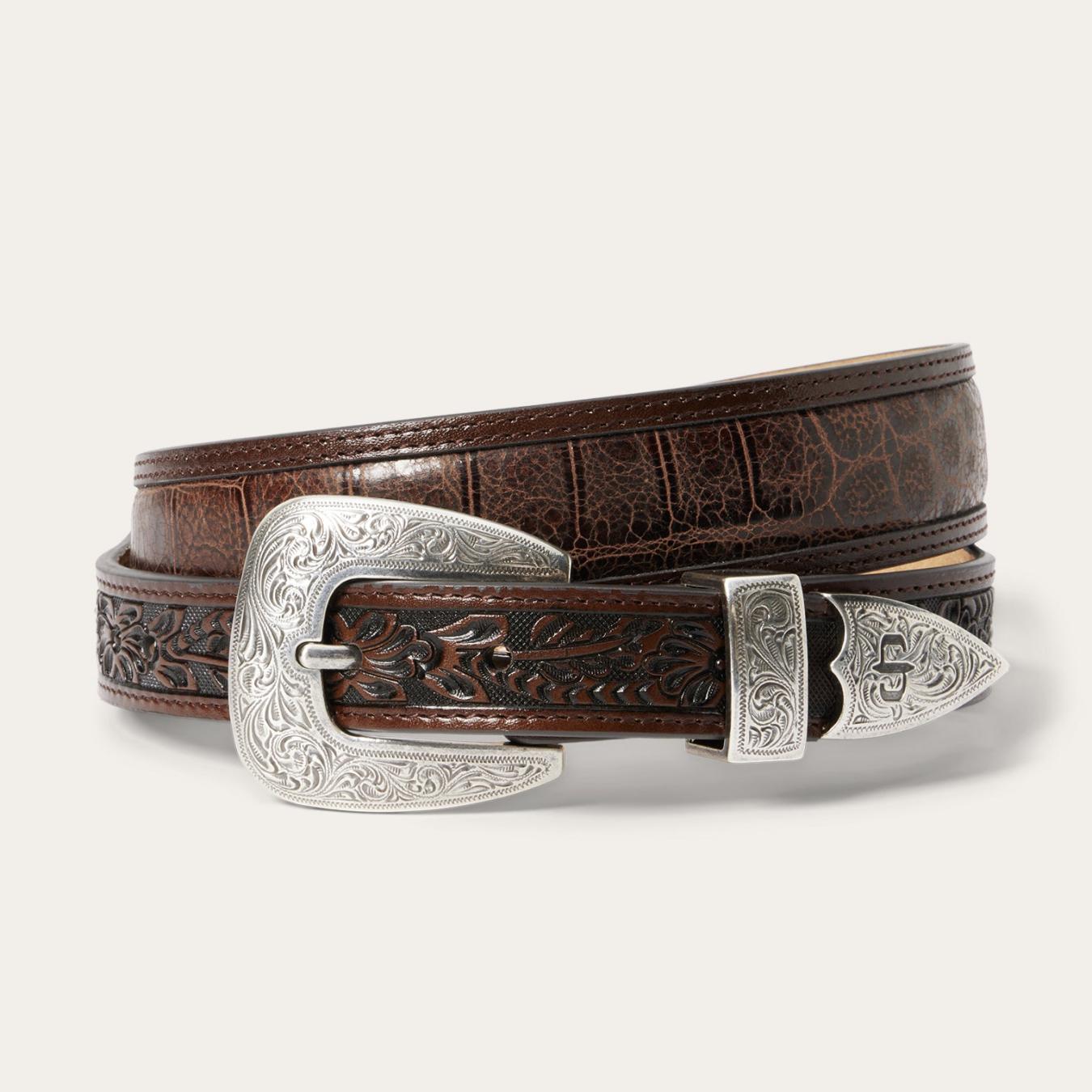 Men Belts | Stetson Croco Print Tooled Tapered Belt Brown/cognac