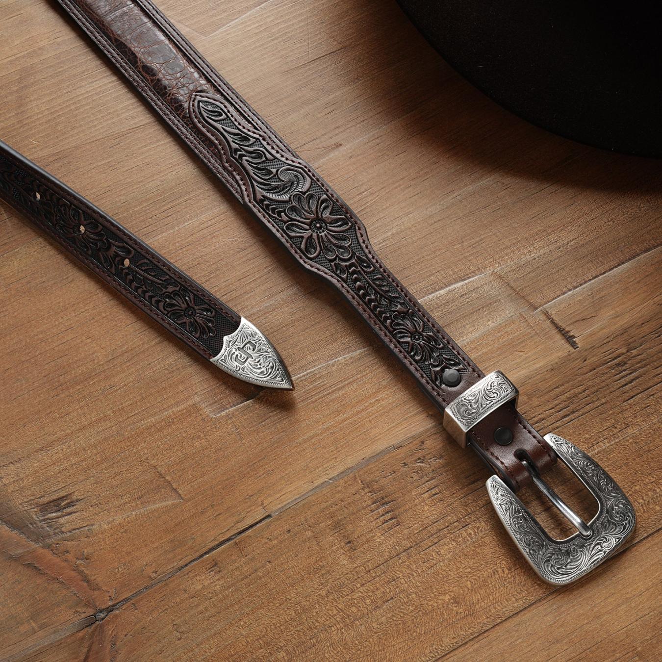 Men Belts | Stetson Croco Print Tooled Tapered Belt Brown/cognac