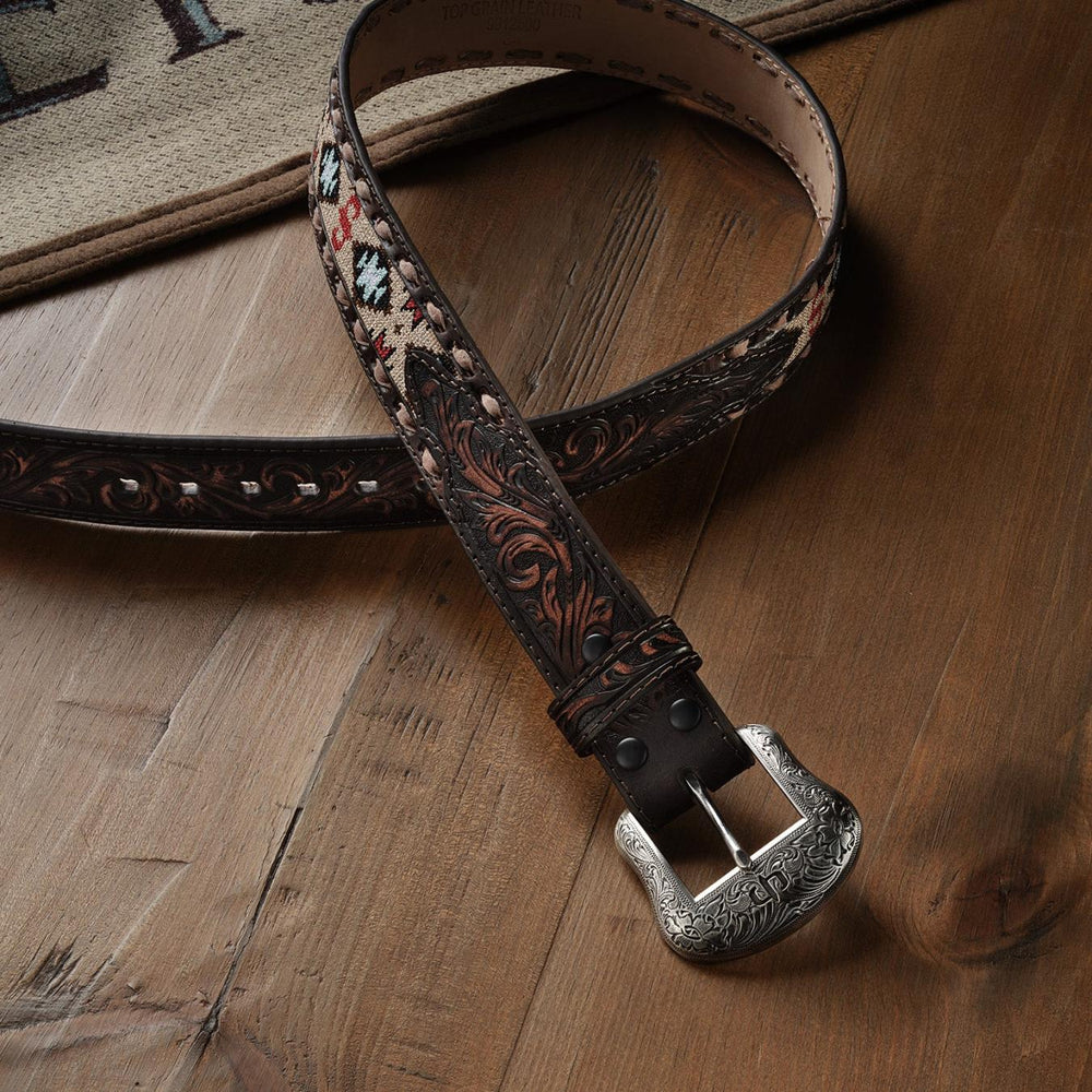 Men Belts | Stetson Embroidered Tooled Tab Belt Vintage Brown