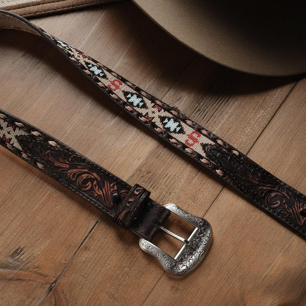 Men Belts | Stetson Embroidered Tooled Tab Belt Vintage Brown