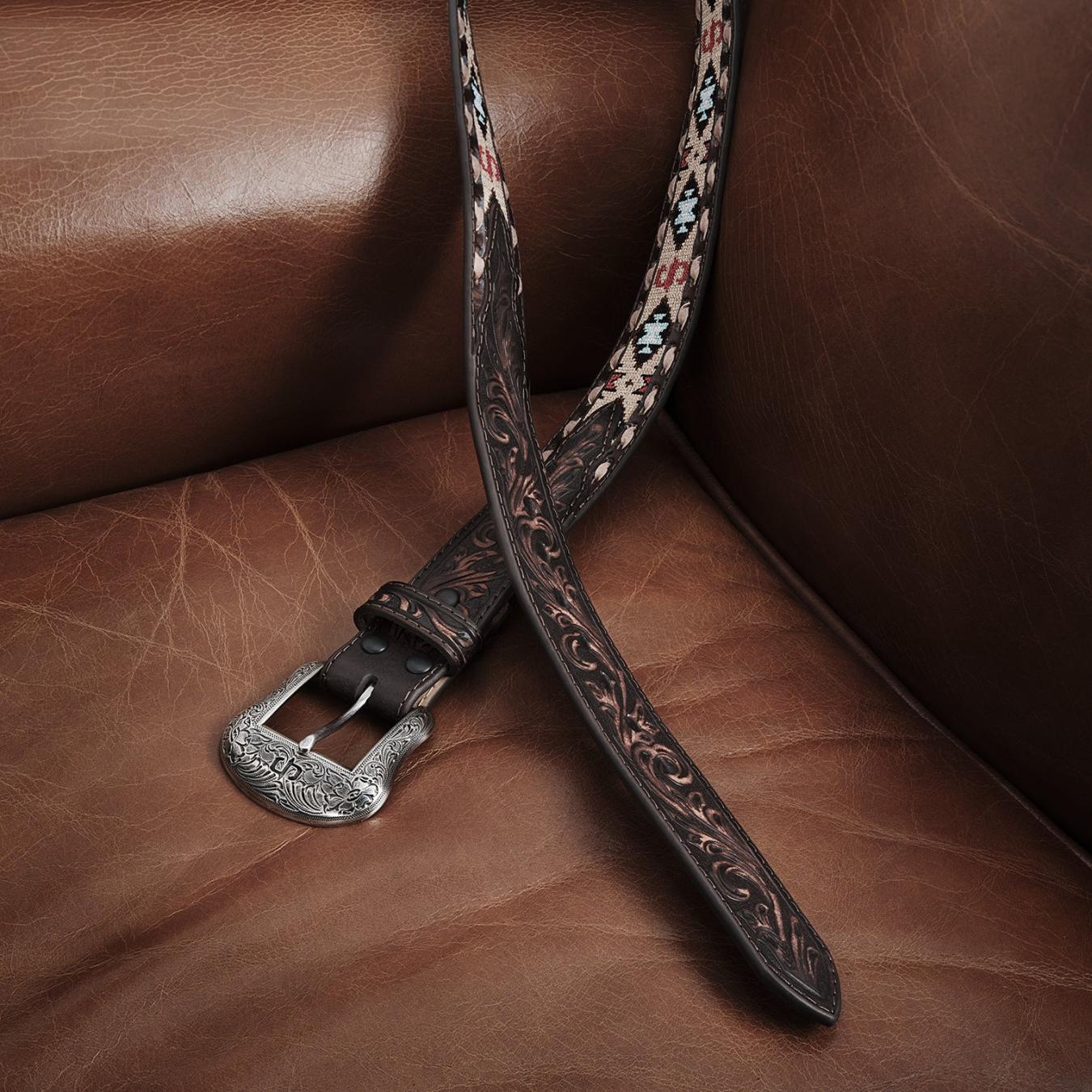 Men Belts | Stetson Embroidered Tooled Tab Belt Vintage Brown