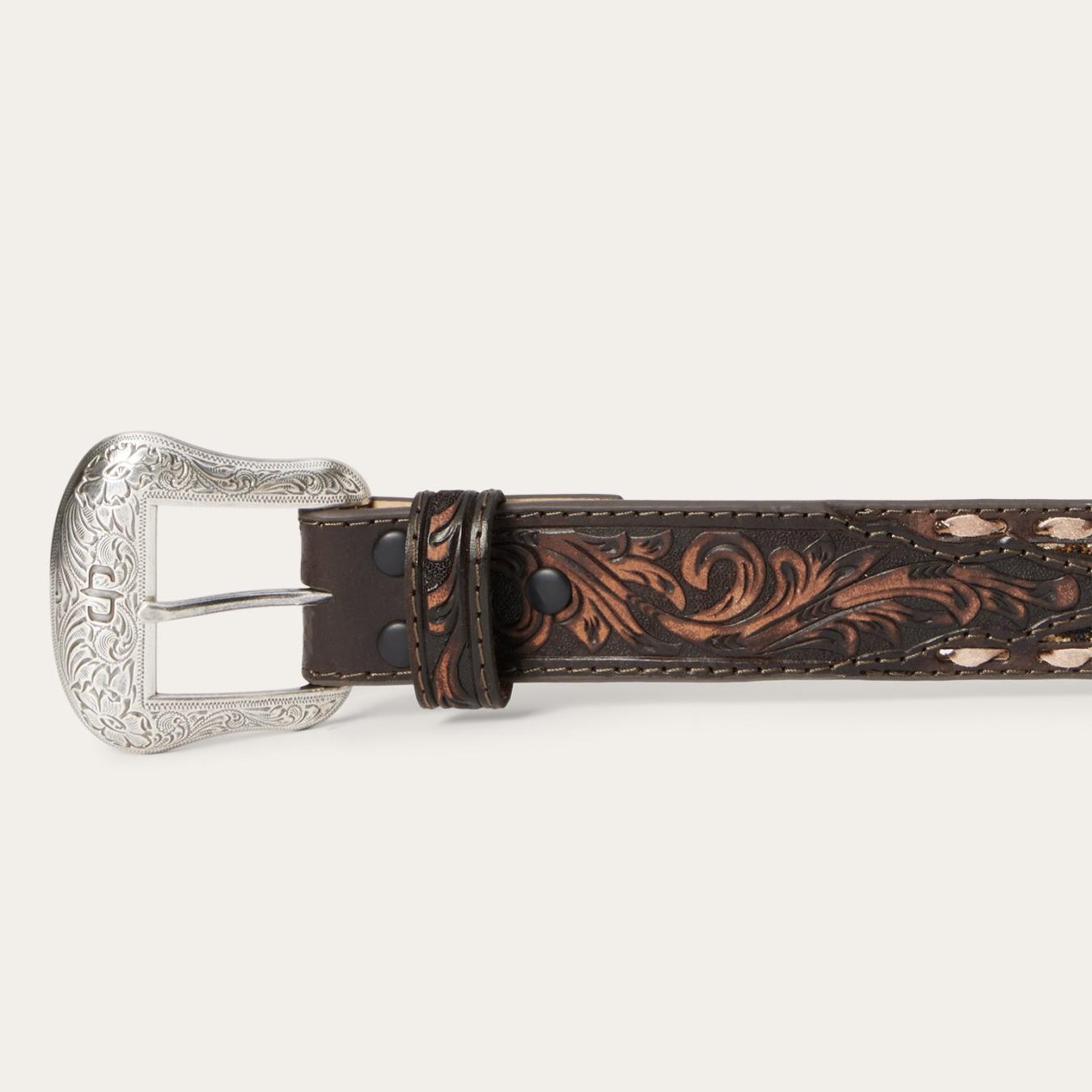 Men Belts | Stetson Embroidered Tooled Tab Belt Vintage Brown