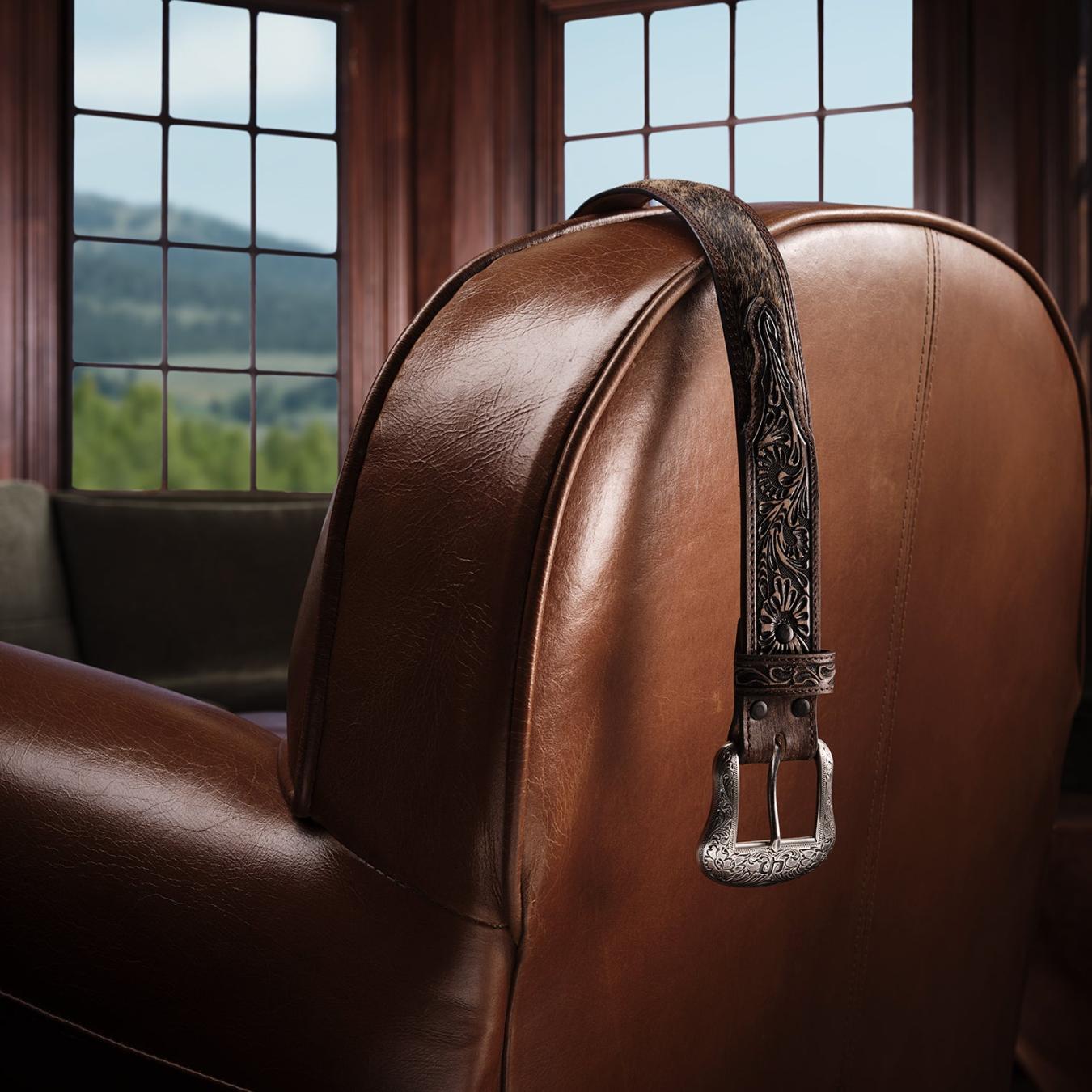 Men Belts | Stetson Hair-on-Hide Tooled Tab Belt Vintage/brown