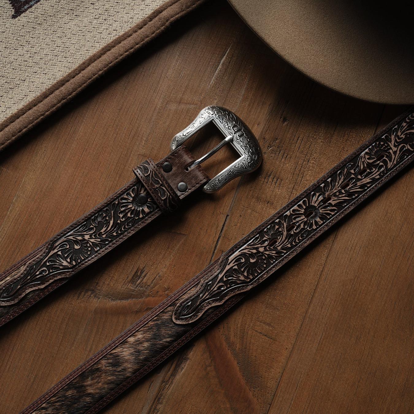 Men Belts | Stetson Hair-on-Hide Tooled Tab Belt Vintage/brown