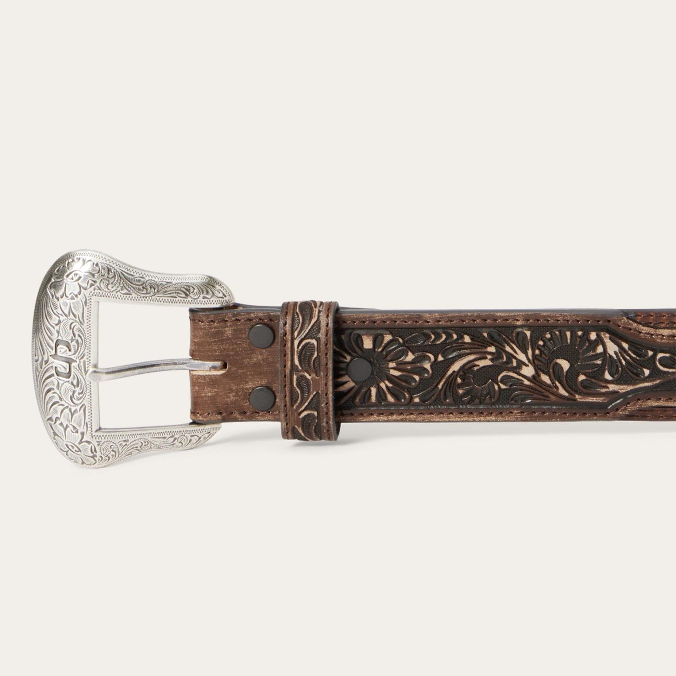 Men Belts | Stetson Hair-on-Hide Tooled Tab Belt Vintage/brown
