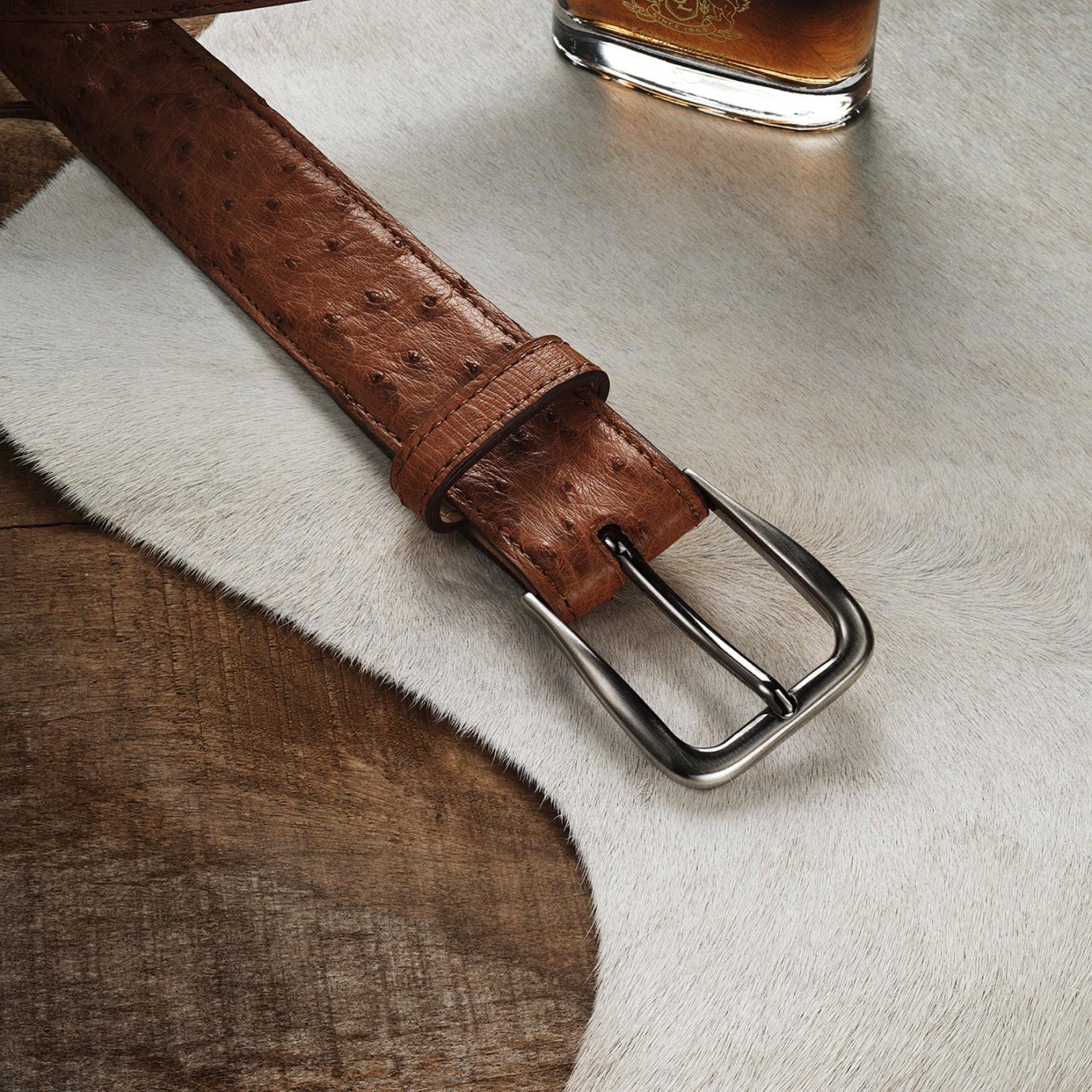Men Belts | Stetson Ostrich Western Tab Belt - 1 1/4" Width Antique Cognac