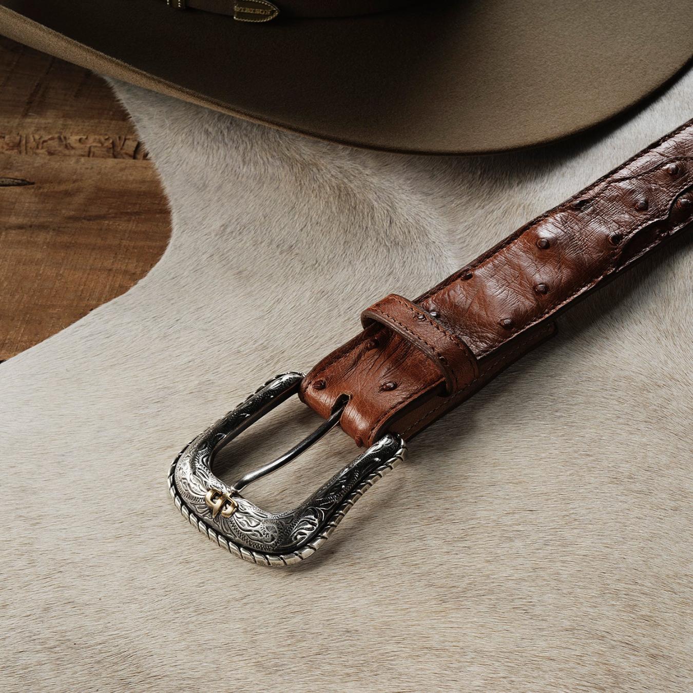 Men Belts | Stetson Ostrich Western Tab Belt Antique Cognac