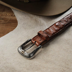 Men Belts | Stetson Ostrich Western Tab Belt Antique Cognac