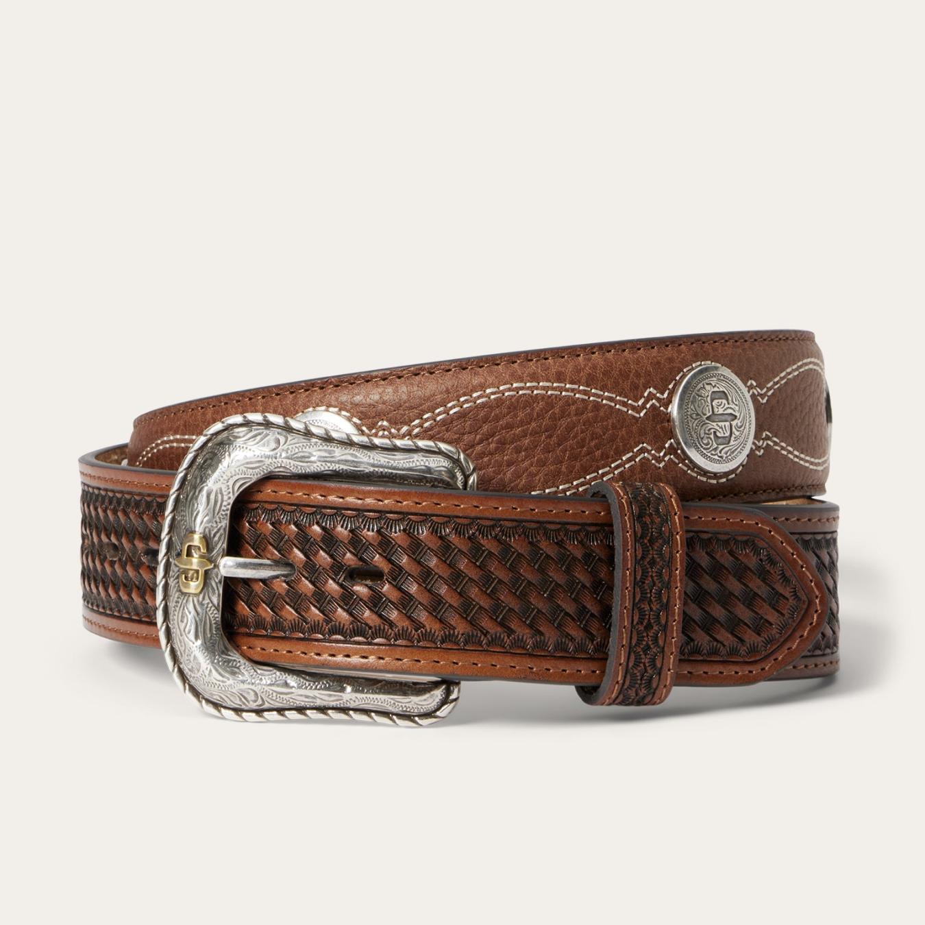Men Belts | Stetson Pebble Leather Basket Weave Tabs Belt Natural/brown