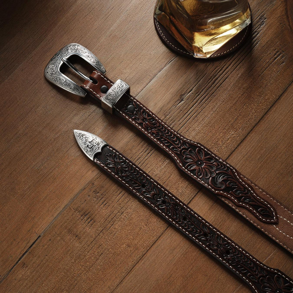 Men Belts | Stetson Tooled Tapered Belt Brown/sand