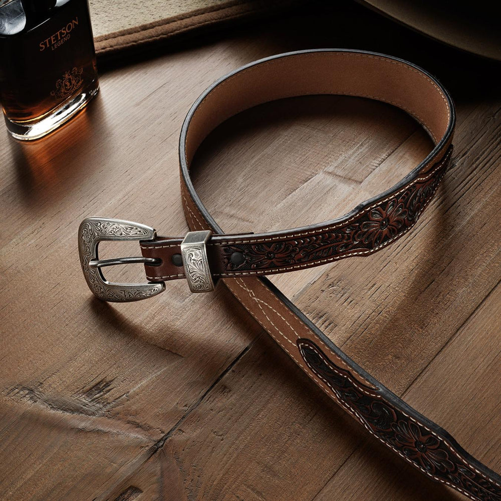 Men Belts | Stetson Tooled Tapered Belt Brown/sand