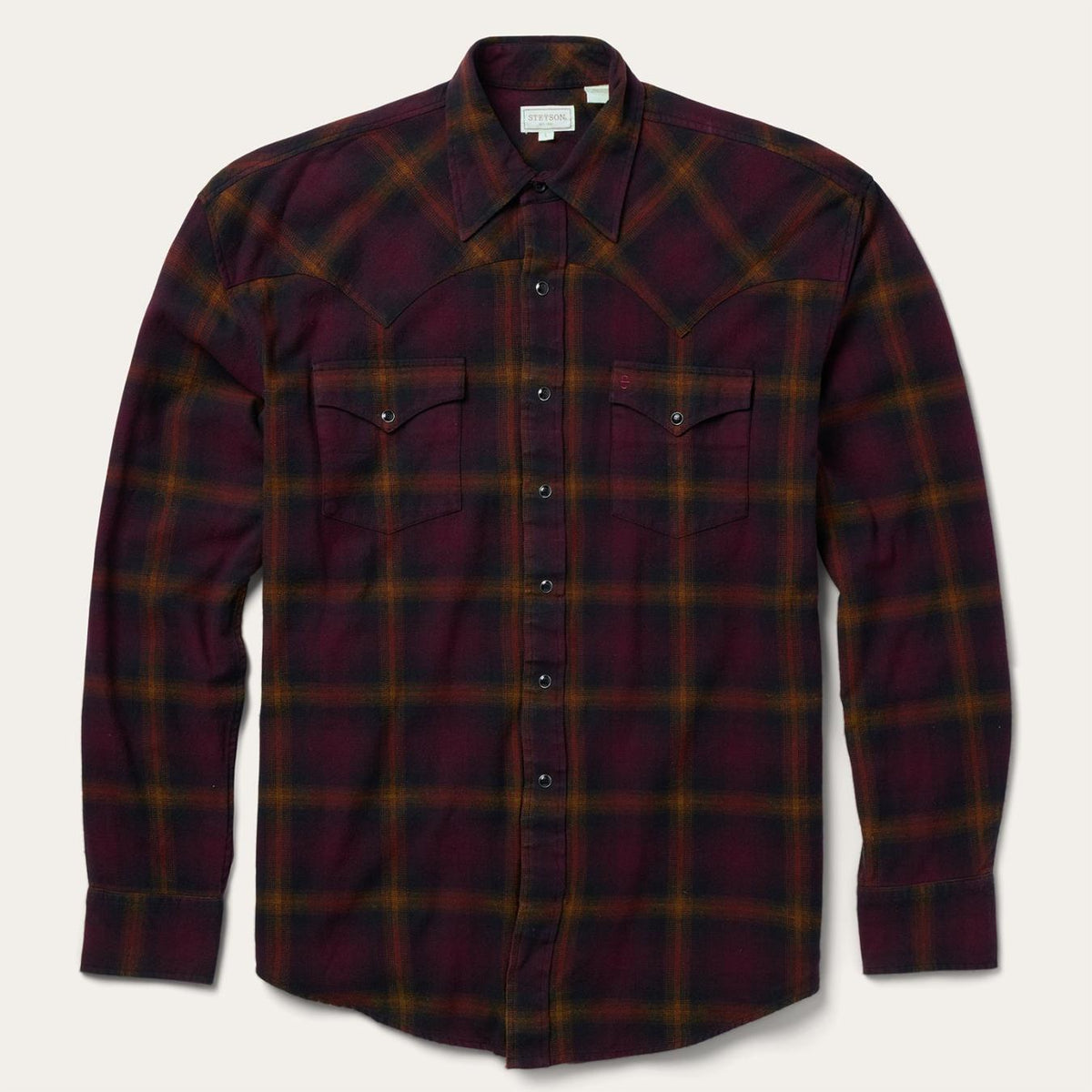 Men Classic Cut | Stetson Black Wine Plaid Flannel Western Shirt Wine
