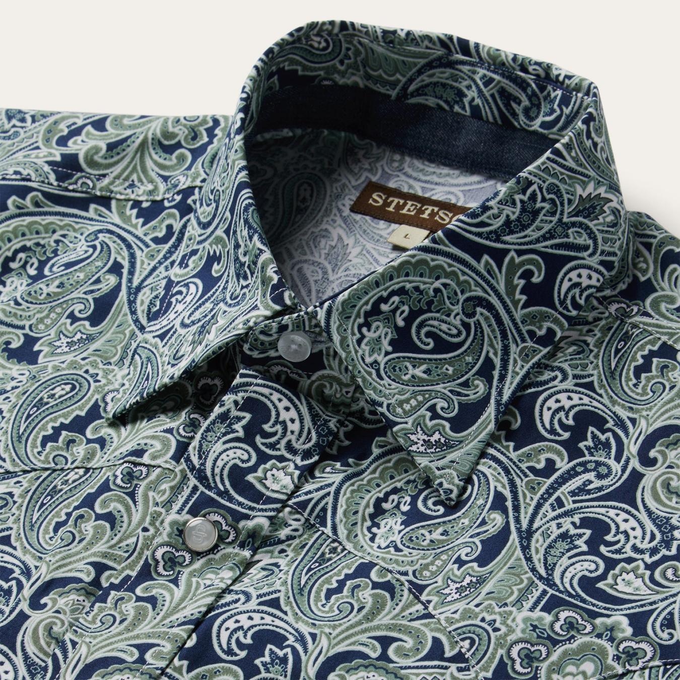Men Classic Cut | Stetson Greenspring Paisley Print Western Shirt Blue