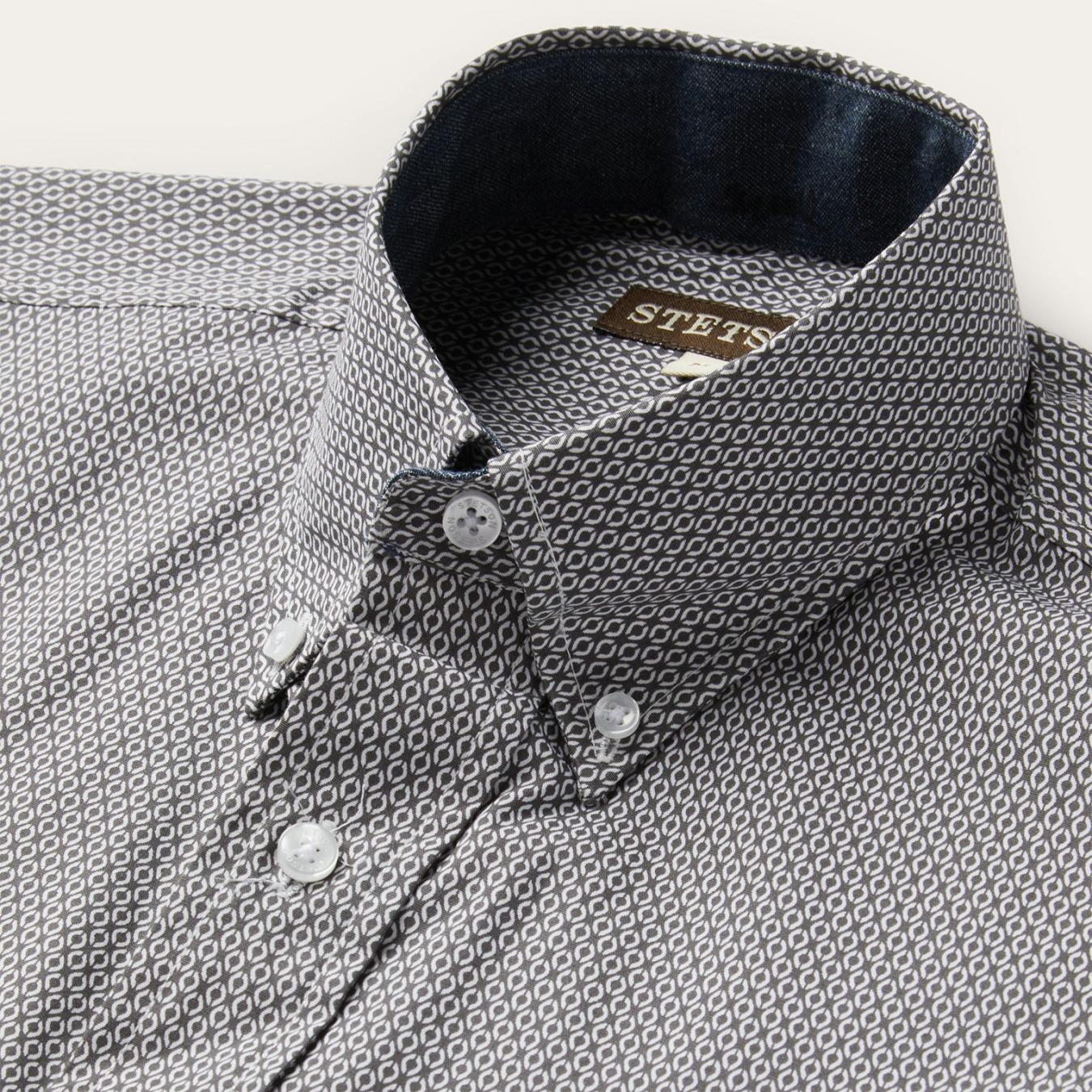 Men Classic Cut | Stetson Grey Geo Print Button Front Shirt Grey