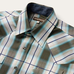 Men Classic Cut | Stetson Olive Ombre Plaid Western Shirt Green