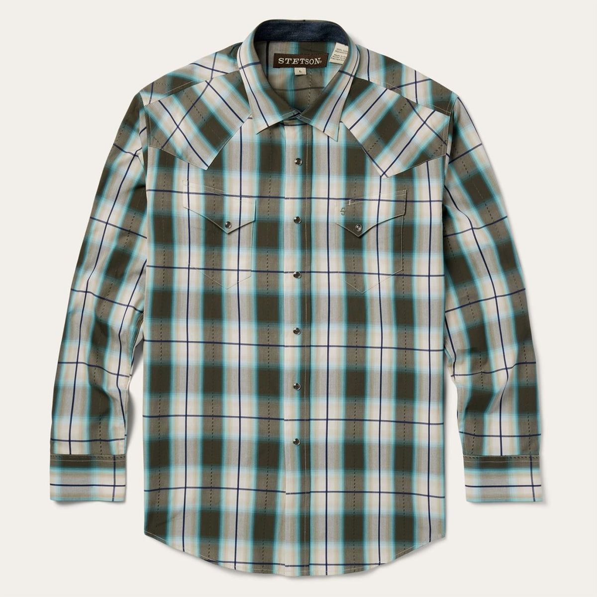 Men Classic Cut | Stetson Olive Ombre Plaid Western Shirt Green