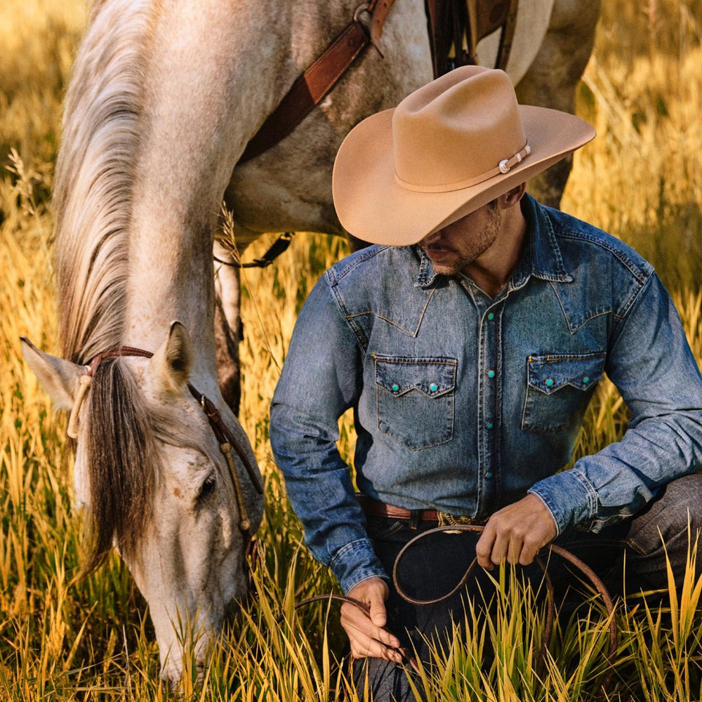 Men Classic Cut | Stetson Turquoise Snap Western Denim Shirt Blue