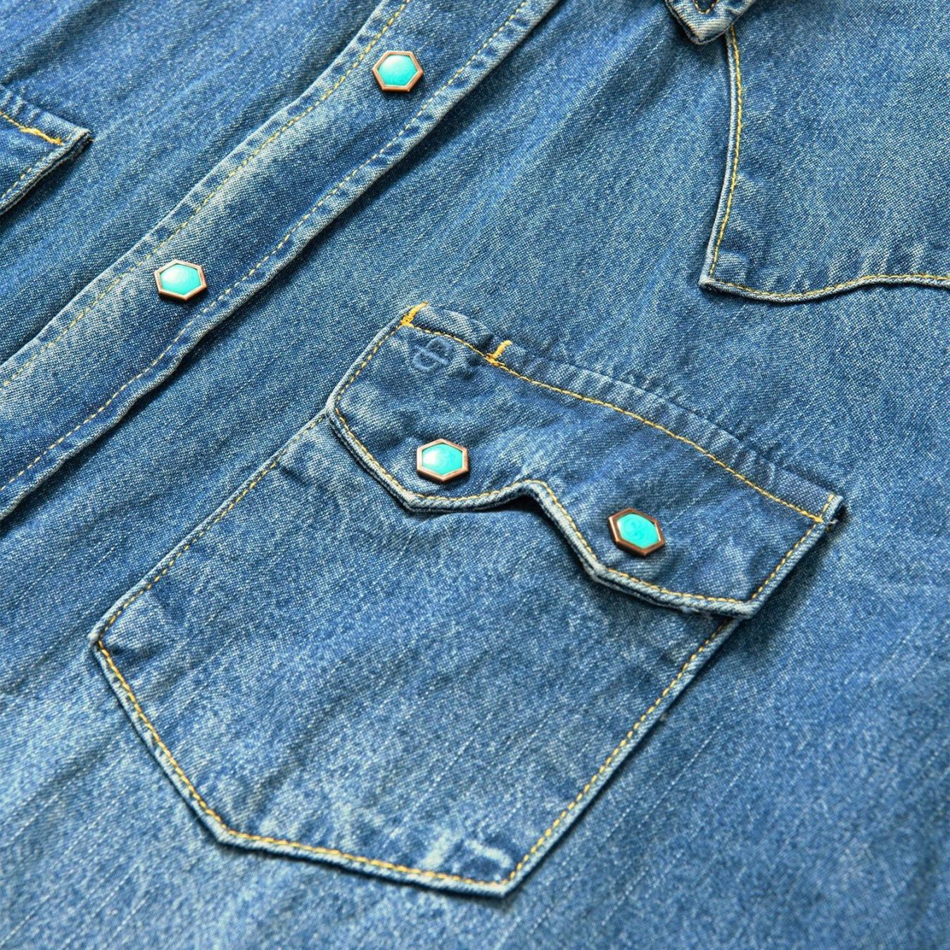 Men Classic Cut | Stetson Turquoise Snap Western Denim Shirt Blue
