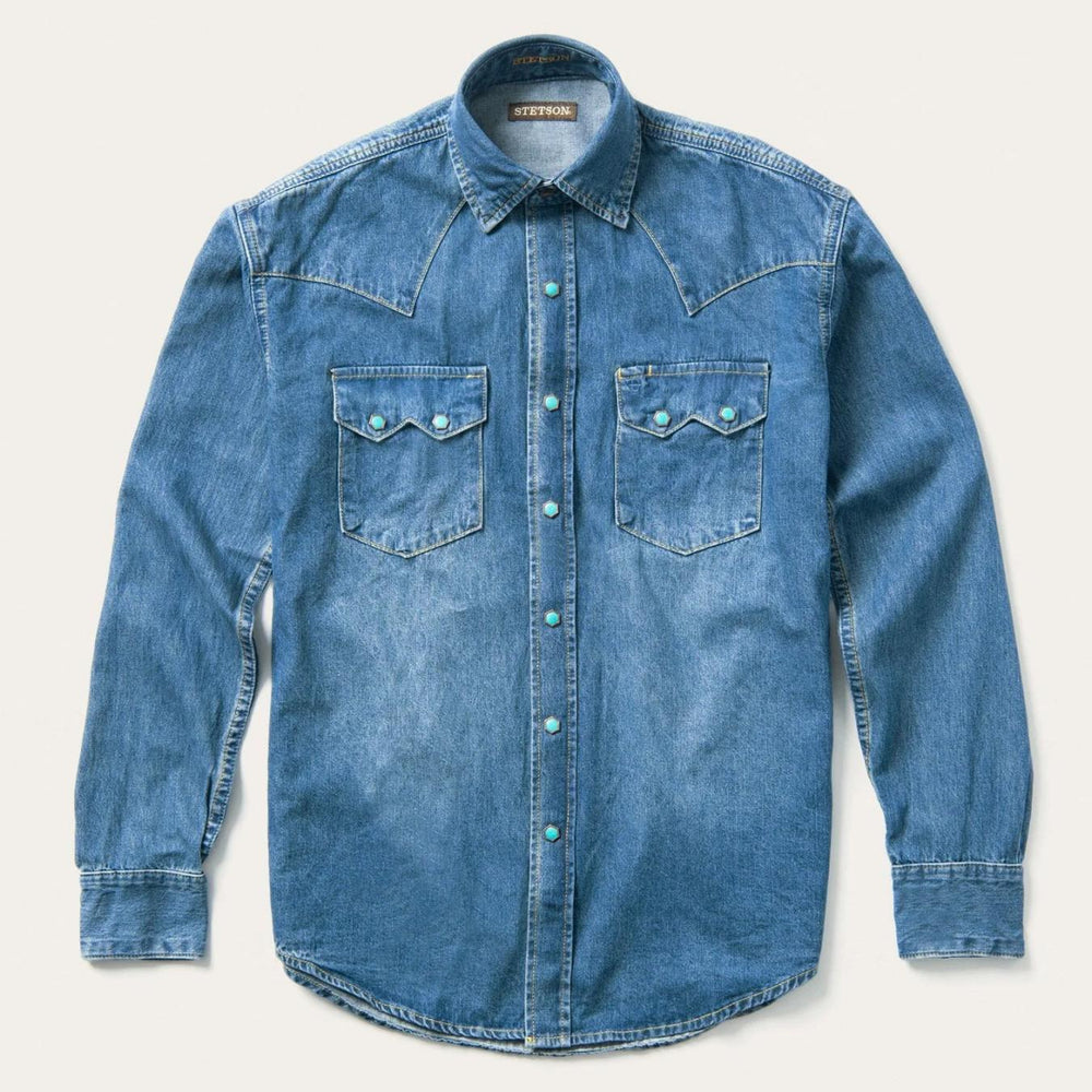 Men Classic Cut | Stetson Turquoise Snap Western Denim Shirt Blue