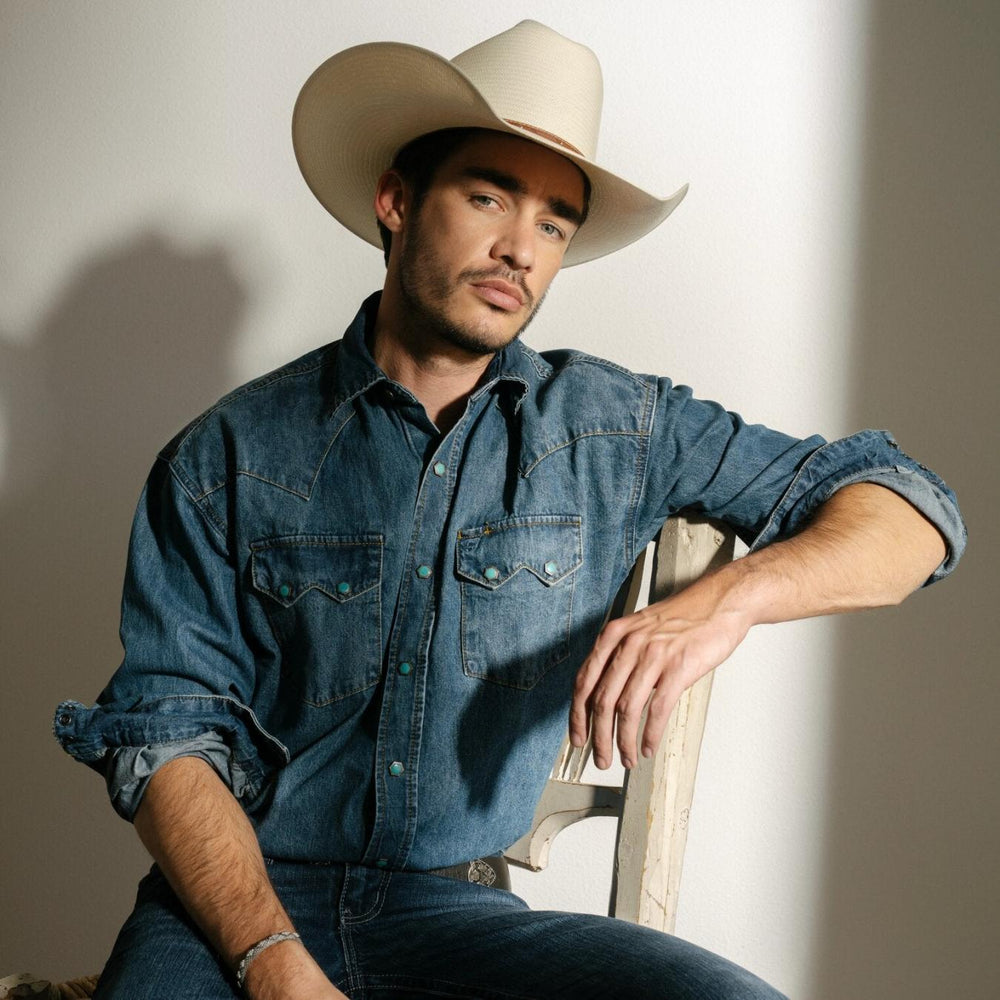 Men Denim Shirts | Stetson Turquoise Snap Western Denim Shirt Blue