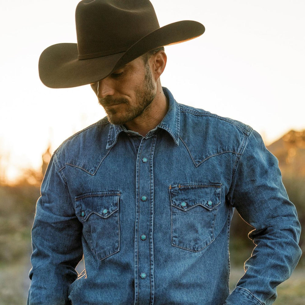 Men Denim Shirts | Stetson Turquoise Snap Western Denim Shirt Blue