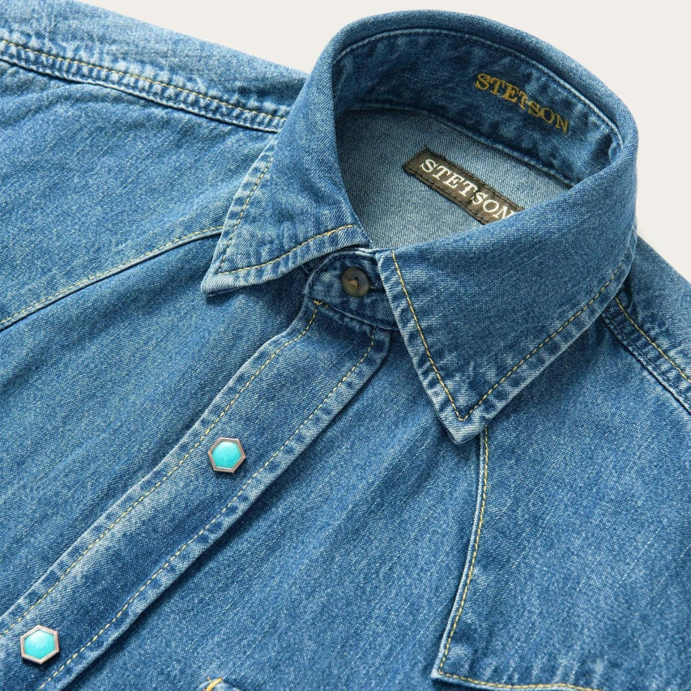 Men Denim Shirts | Stetson Turquoise Snap Western Denim Shirt Blue