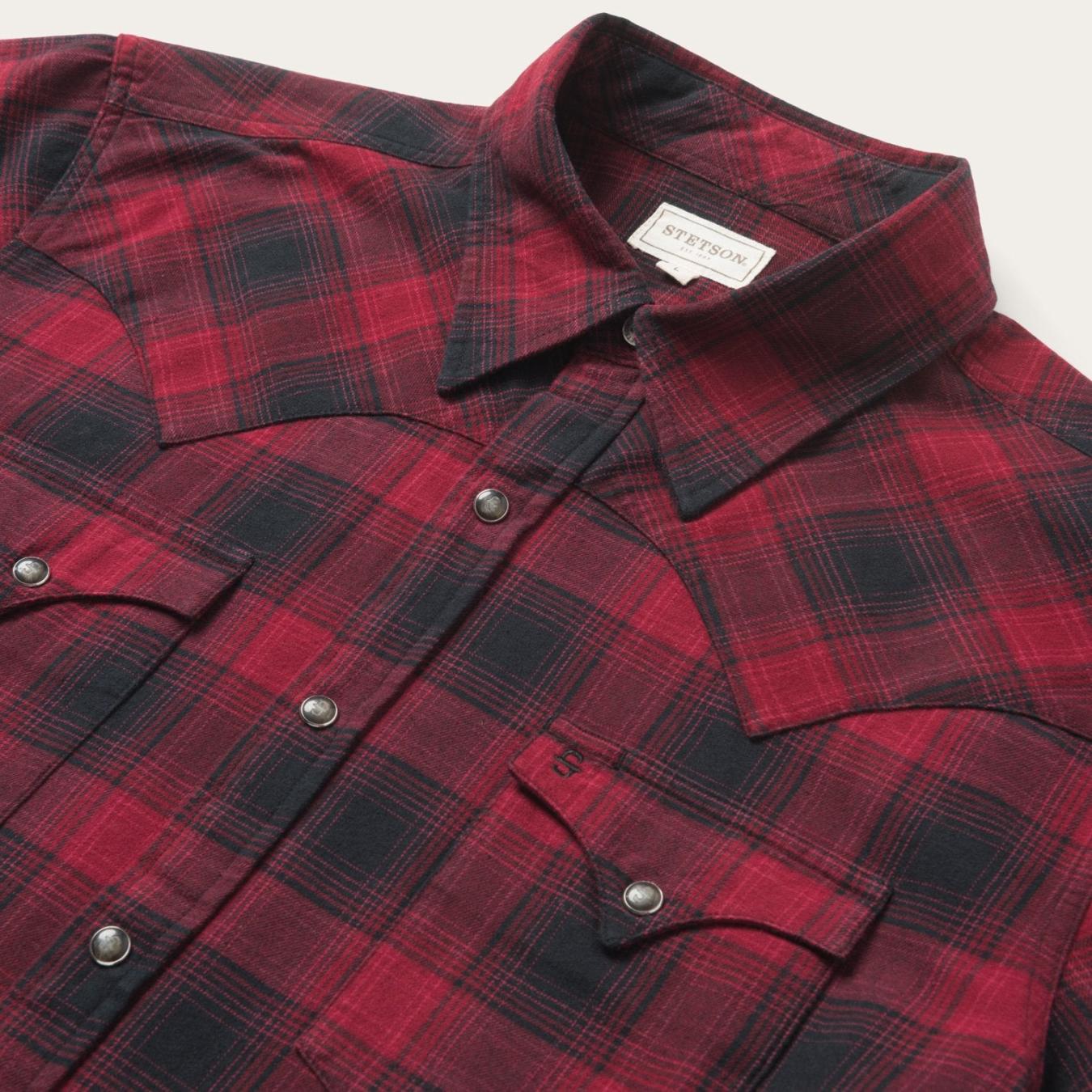Men Flannel Shirts | Stetson Brushed Twill Plaid Shirt Black