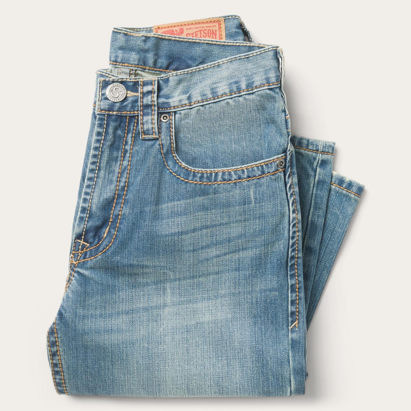 Men Modern Cut | Stetson 1520 Fit Light Wash Jeans With Tacking Blue