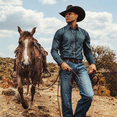 Men Modern Cut | Stetson Dark Denim Western Shirt Blue