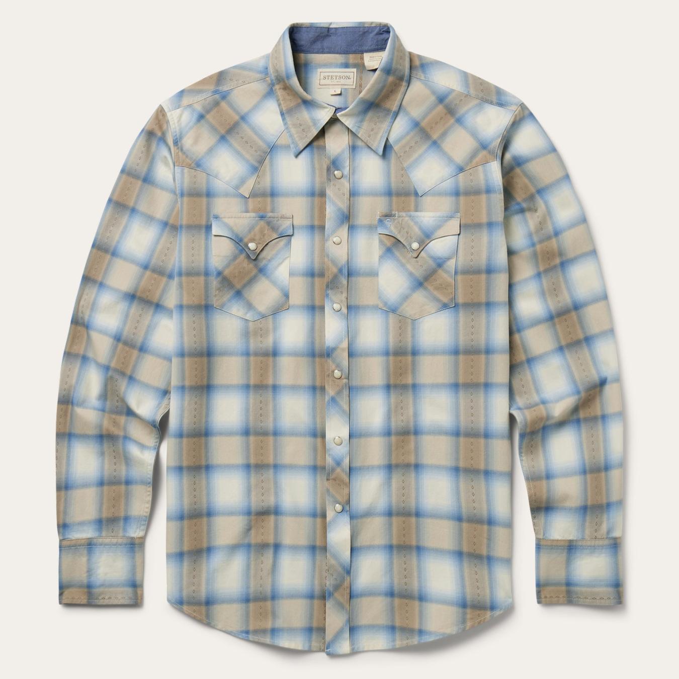 Men Modern Cut | Stetson Sand Plaid Dobby Western Shirt Brown