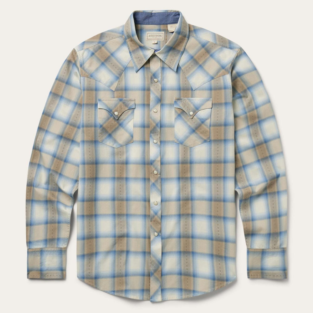 Men Modern Cut | Stetson Sand Plaid Dobby Western Shirt Brown