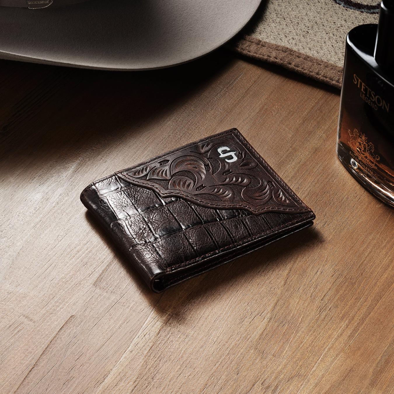 Men Wallets | Stetson Tooled Embossed Ostrich Bi-Fold Wallet Brown