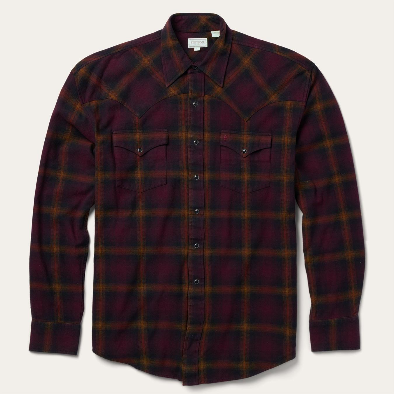 Men Western Shirts | Stetson Black Wine Plaid Flannel Western Shirt Wine