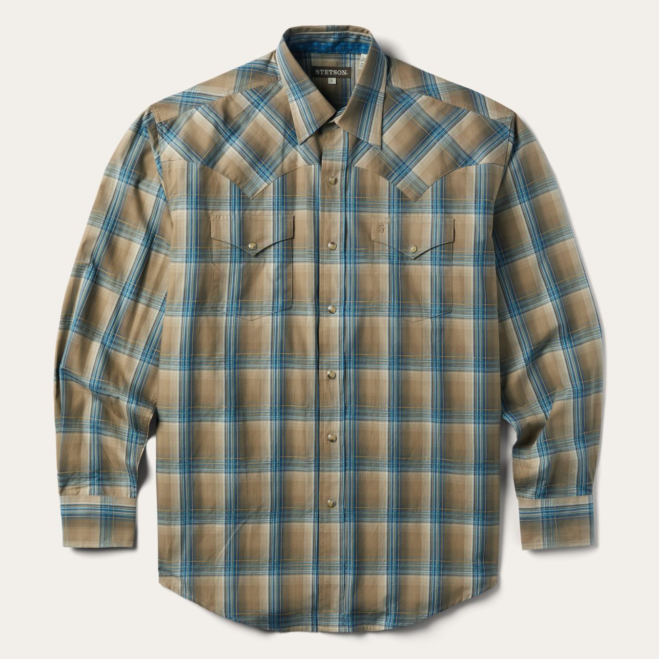 Men Western Shirts | Stetson Khaki Ombre Plaid Shirt Brown