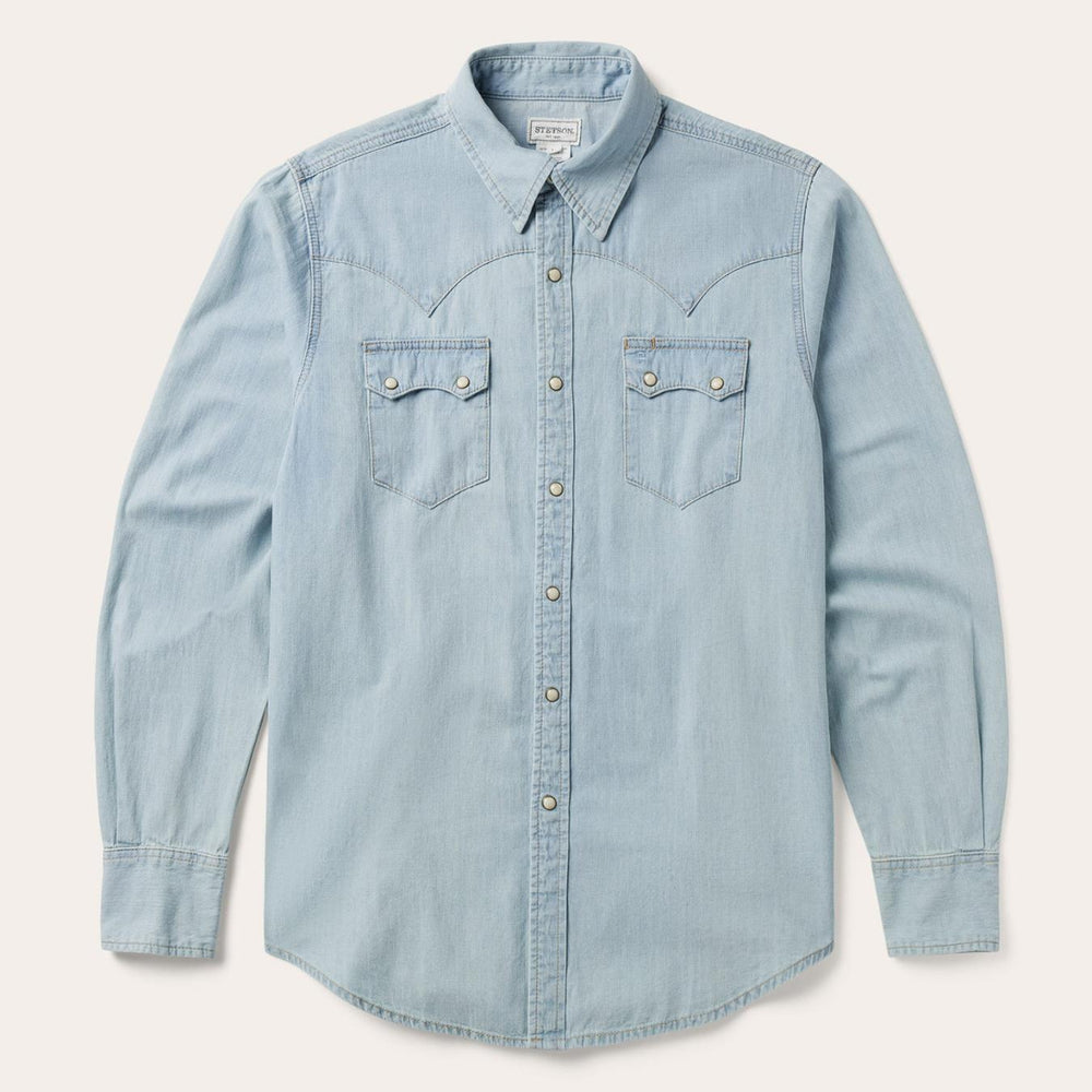 Men Western Shirts | Stetson Light Blue Denim Western Shirt Blue