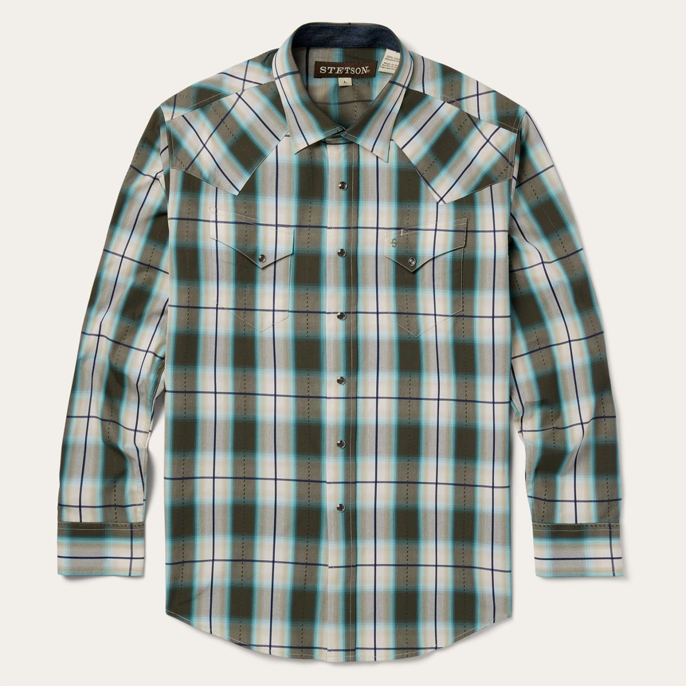Men Western Shirts | Stetson Olive Ombre Plaid Western Shirt Green